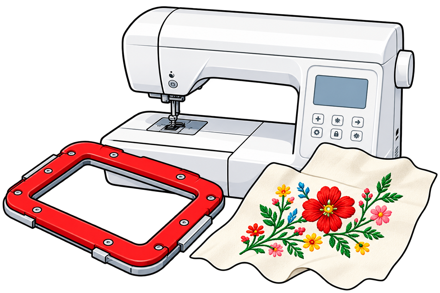Concept illustration of an embroidery machine, magnetic hoop and embroidered fabric.